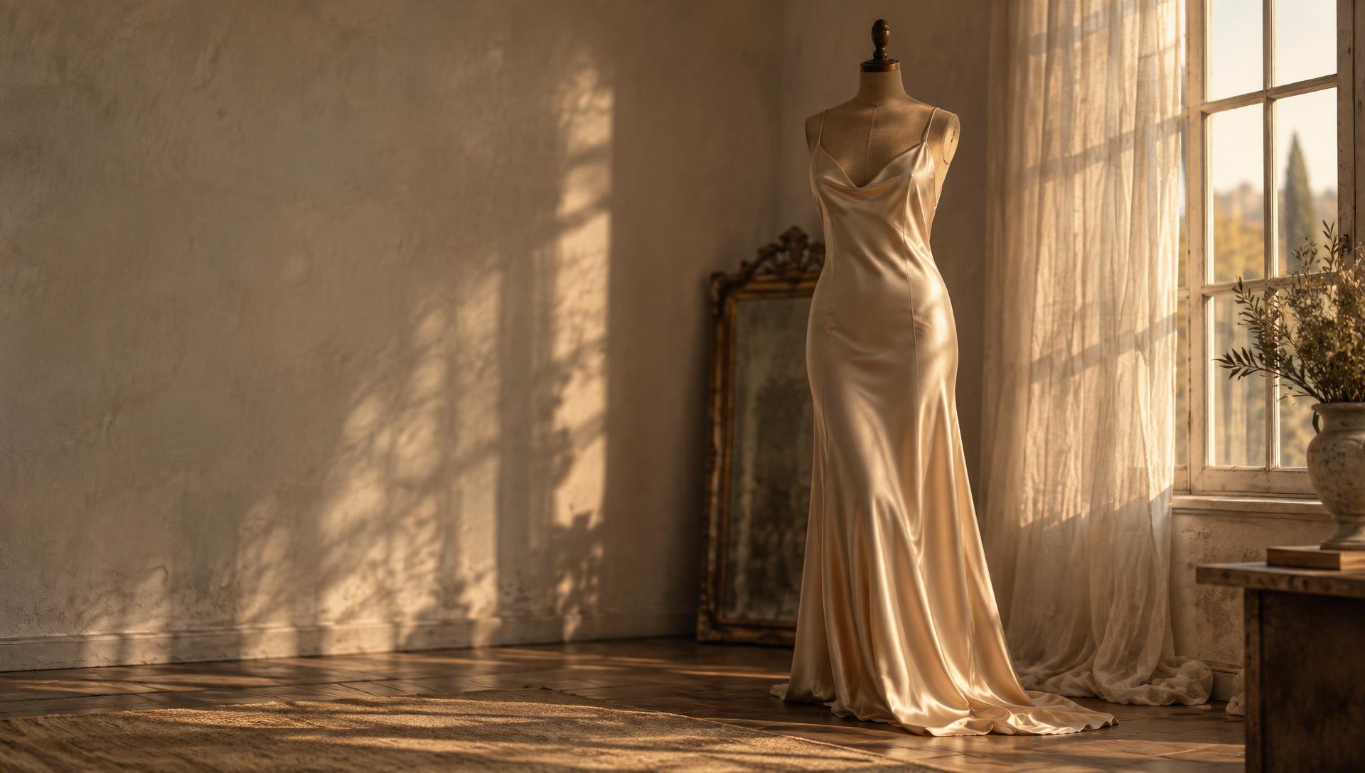 Champagne silk slip displayed on a dress form beside a sunlit window