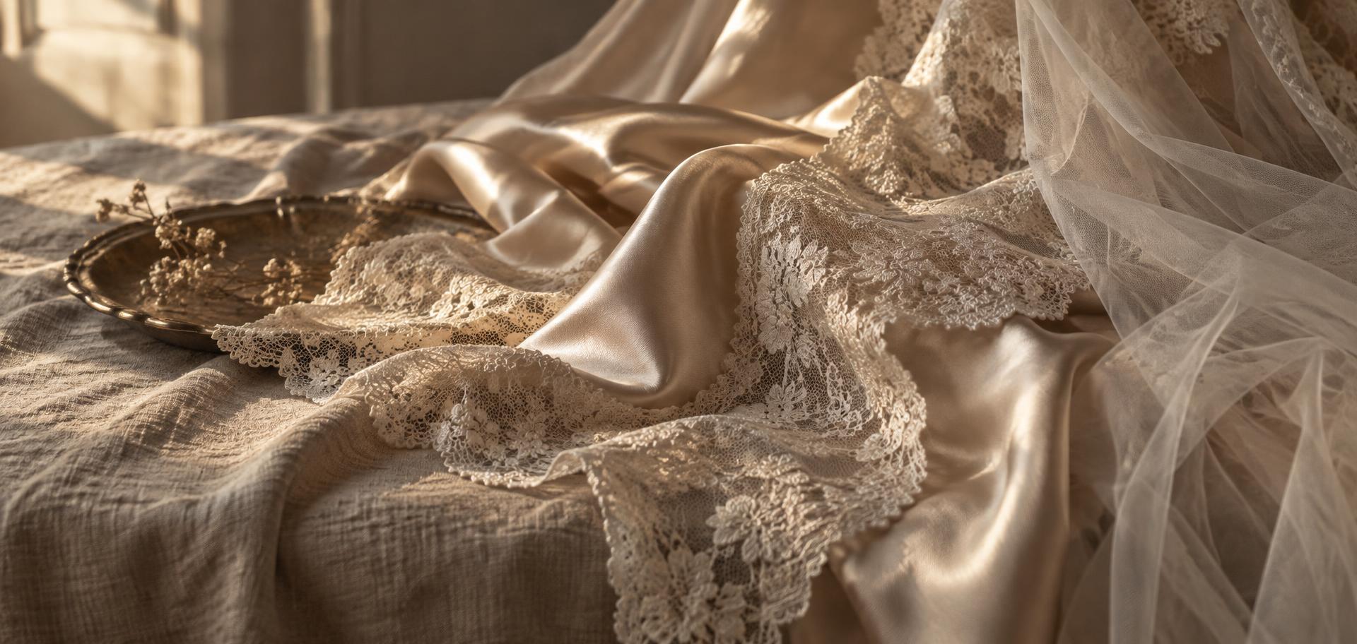 Satin, lace and tulle draped across linen in warm light
